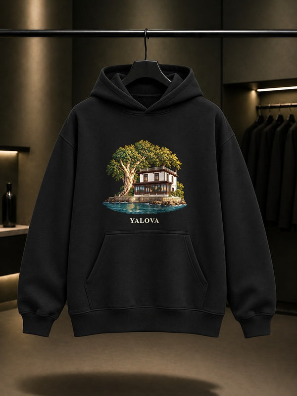 Yalova Yürüyen Köşk baskılı siyah kapüşonlu sweatshirt