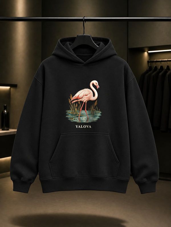 Yalova Hersek Flamingo baskılı siyah kapüşonlu sweatshirt