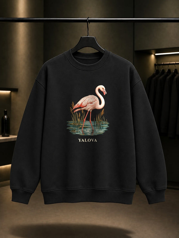 Yalova Hersek Flamingo baskılı siyah sweatshirt