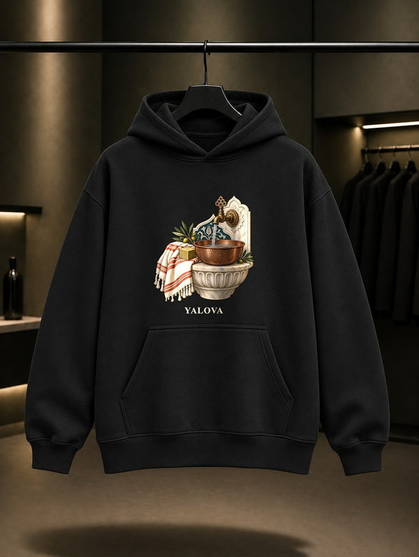 Yalova Termal baskılı siyah kapüşonlu sweatshirt