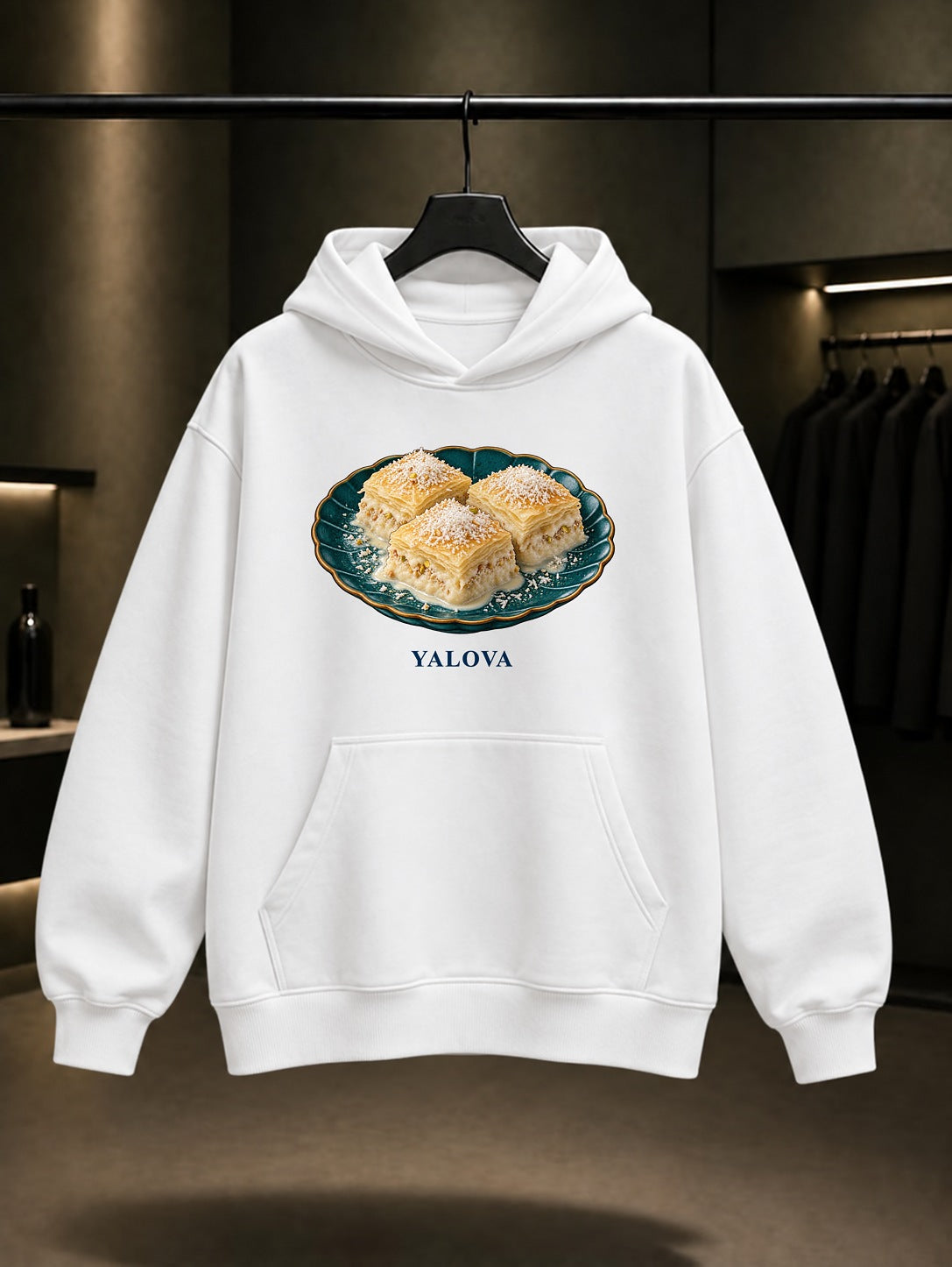 Yalova Sütlüsü baskılı beyaz kapüşonlu sweatshirt