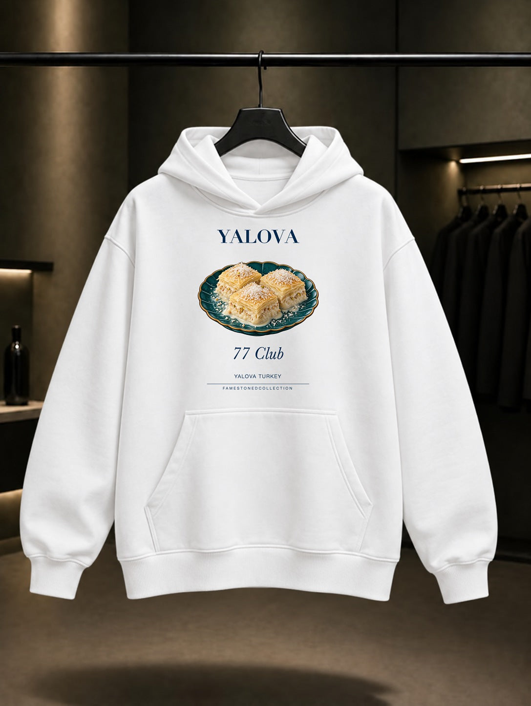 Yalova Sütlüsü 77 Club baskılı beyaz kapüşonlu sweatshirt