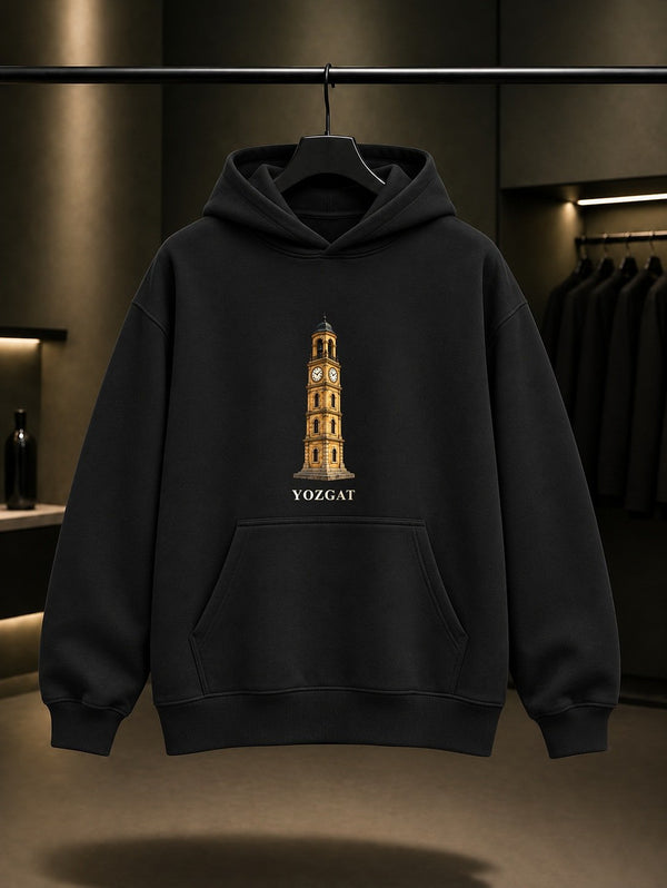 Yozgat Saat Kulesi baskılı siyah kapüşonlu sweatshirt