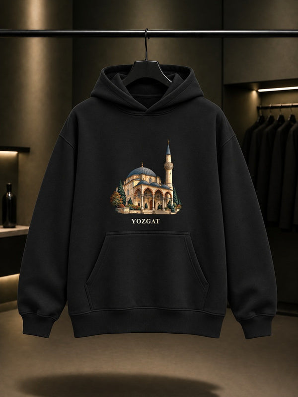 Yozgat Çapanoğlu Camii baskılı siyah kapüşonlu sweatshirt