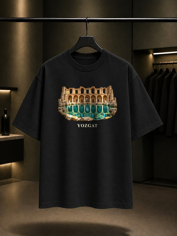Yozgat Sarıkaya Roma Hamamı baskılı siyah t-shirt