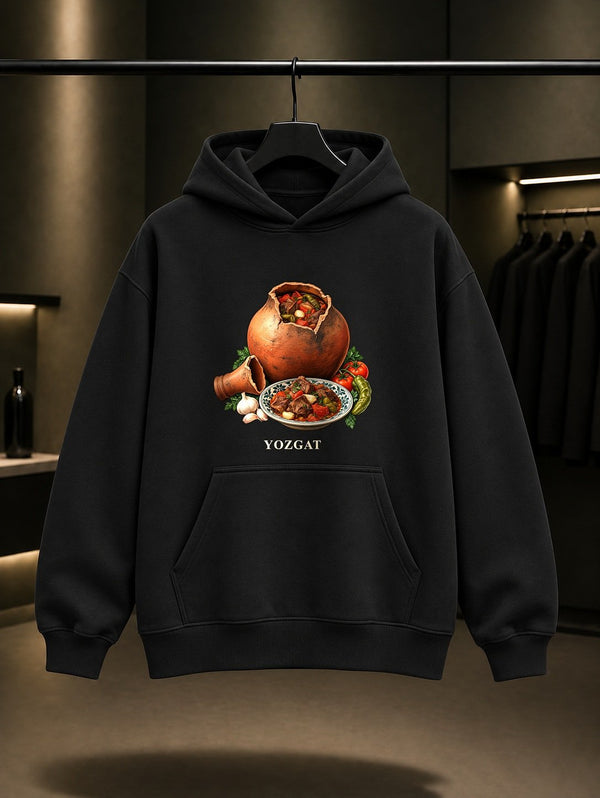 Yozgat Testi Kebabı baskılı siyah kapüşonlu sweatshirt