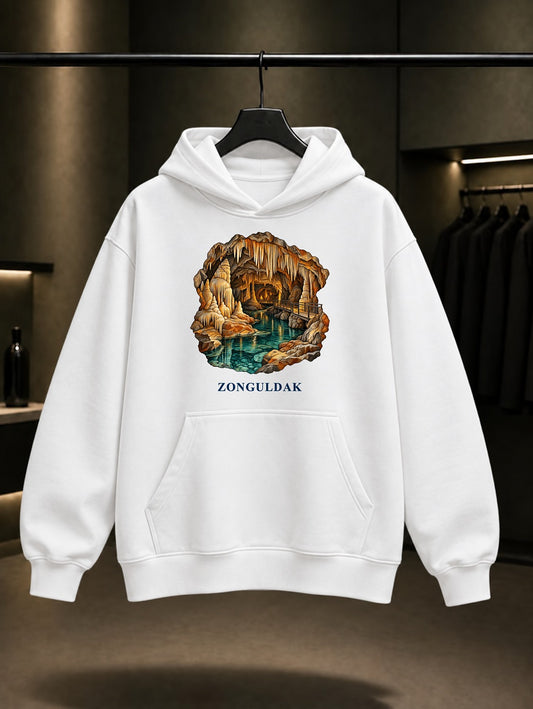 Zonguldak Gökgöl Mağarası baskılı beyaz kapüşonlu sweatshirt