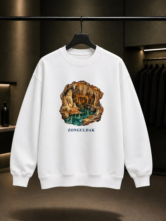 Zonguldak Gökgöl Mağarası baskılı beyaz sweatshirt