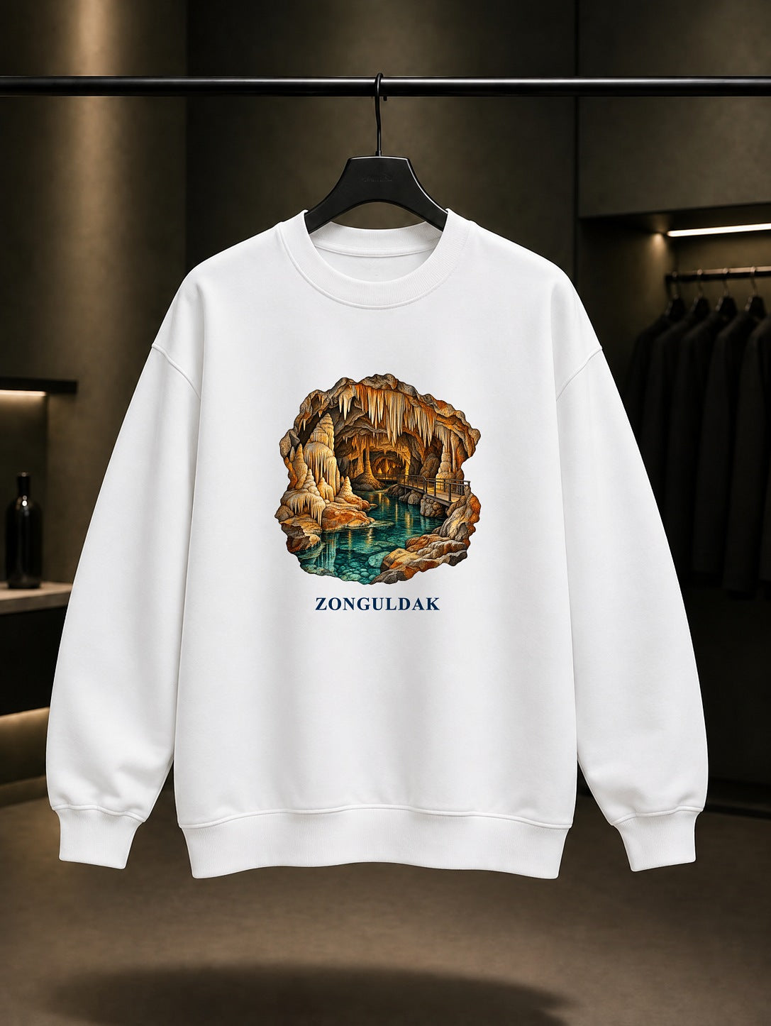 Zonguldak Gökgöl Mağarası baskılı beyaz sweatshirt