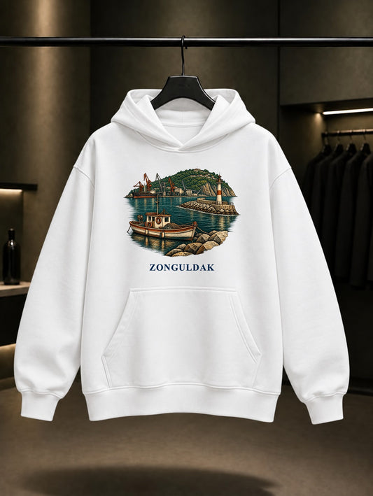 Zonguldak Karadeniz Limanı baskılı beyaz kapüşonlu sweatshirt