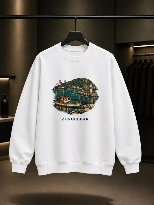 Zonguldak Karadeniz Limanı baskılı beyaz sweatshirt