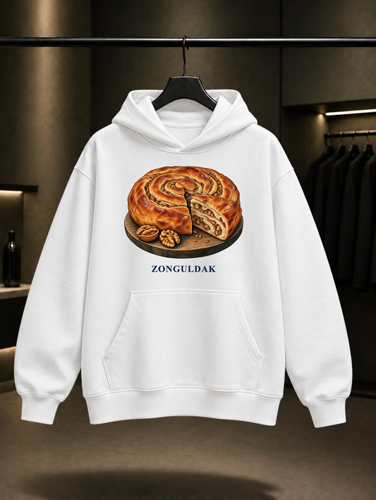 Zonguldak Cevizli Kömeç baskılı beyaz kapüşonlu sweatshirt