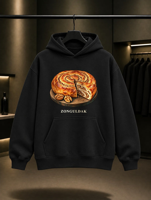Zonguldak Cevizli Kömeç baskılı siyah kapüşonlu sweatshirt