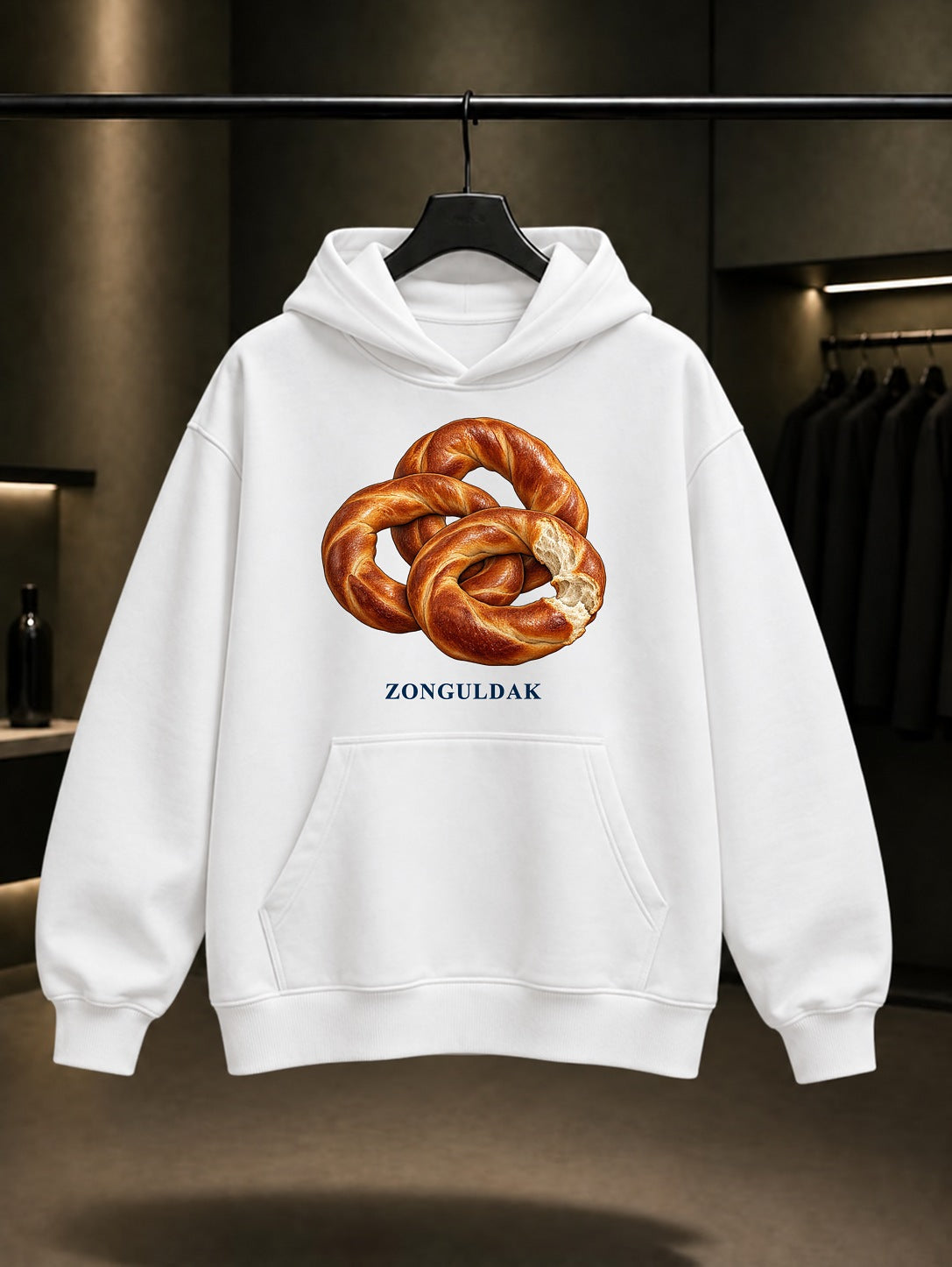 Zonguldak Devrek Simidi baskılı beyaz kapüşonlu sweatshirt