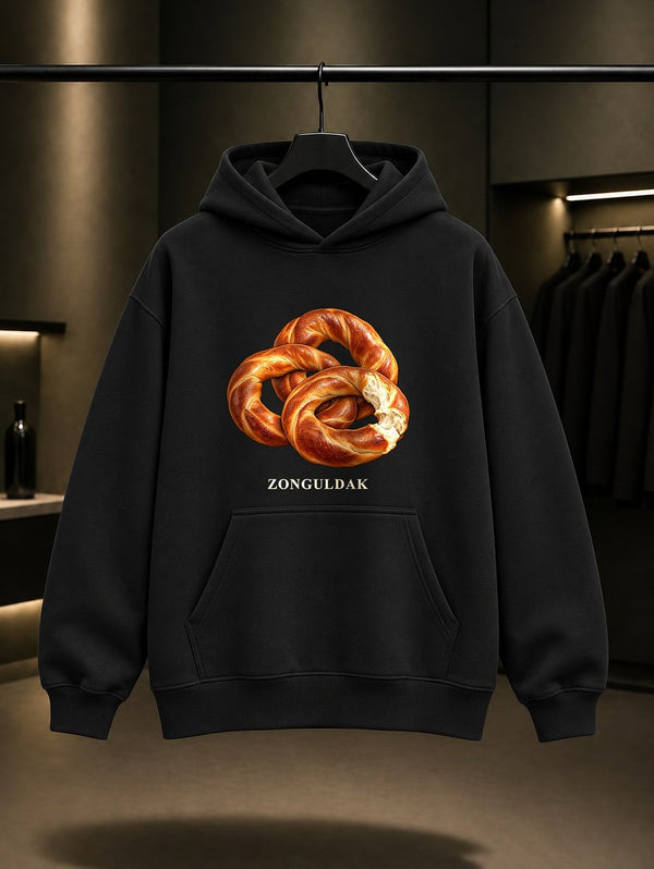 Zonguldak Devrek Simidi baskılı siyah kapüşonlu sweatshirt