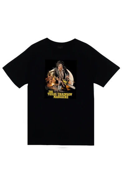 fame-stoned  Texas Chainsaw Baskılı Unisex %100 Pamuk Siyah T-shirt