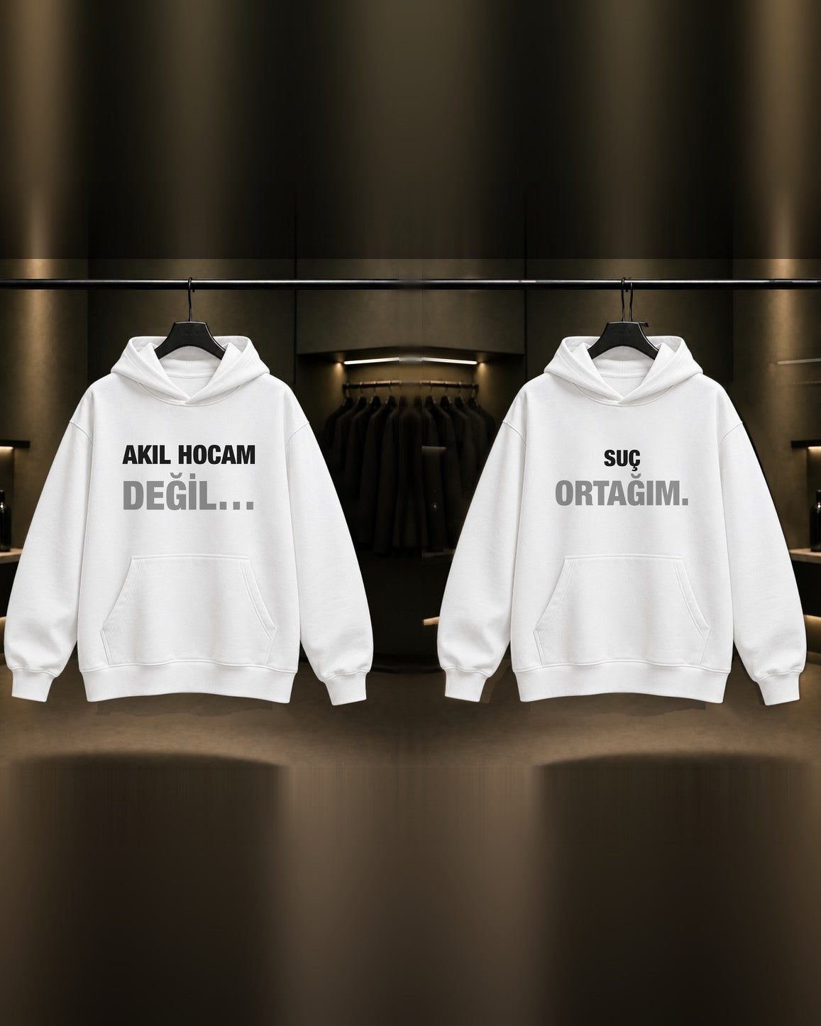 Akıl Hocam Değil & Suç Ortağım — BFF İkili Baskılı Unisex %100 Pamuk Kapüşonlu Sweatshirt — İkili, Beyaz