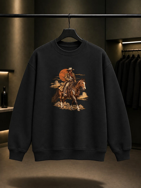 Kovboy Atlı Gün Batımı Sweatshirt Siyah