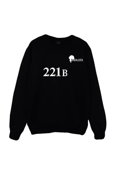 Sherlock Holmes 221B' ve silueti baskılı siyah sweatshirt