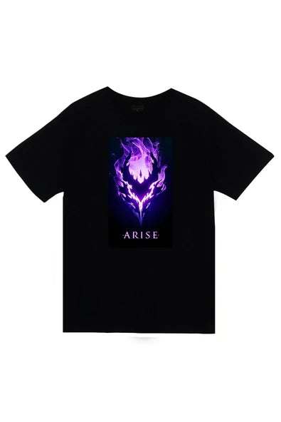 fame-stoned  Solo Leveling Arise Anime Baskılı Unisex %100 Pamuk Siyah T-shirt