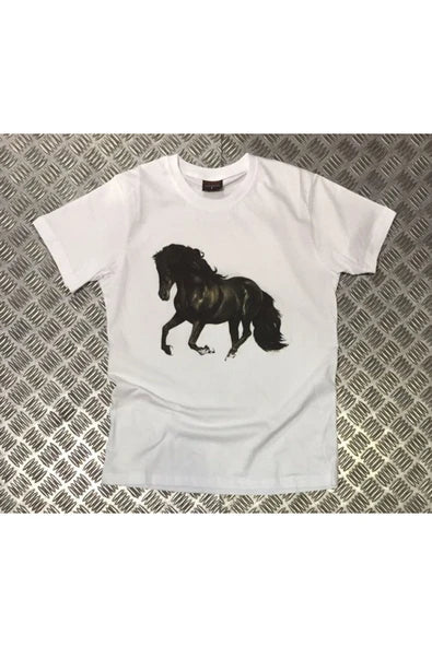 fame-stoned  Beyaz At Baskılı Unisex %100 Pamuk Beyaz T-shirt