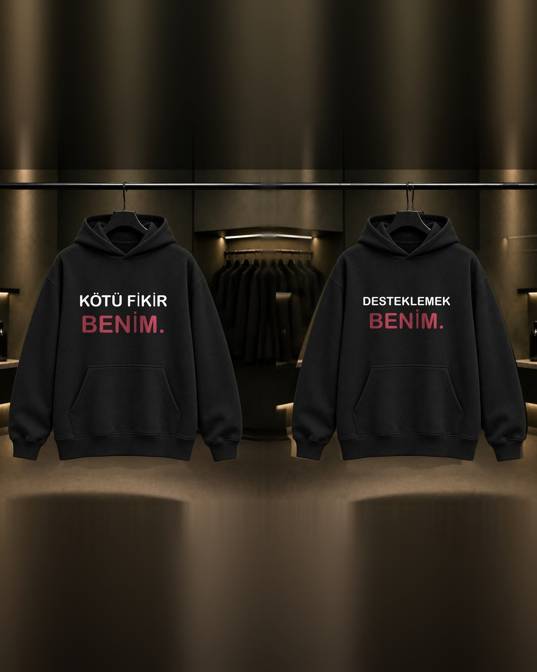 Kötü Fikir Benim & Desteklemek Benim — BFF İkili Baskılı Unisex %100 Pamuk Kapüşonlu Sweatshirt — İkili, Siyah