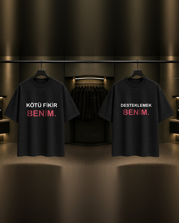 Kötü Fikir Benim & Desteklemek Benim — BFF İkili Baskılı Unisex %100 Pamuk T-shirt — İkili, Siyah