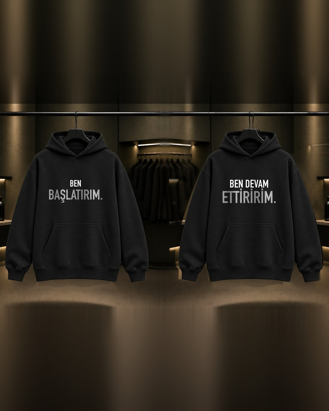Ben Başlatırım & Ben Devam Ettiririm — BFF İkili Baskılı Unisex %100 Pamuk Kapüşonlu Sweatshirt — İkili, Siyah