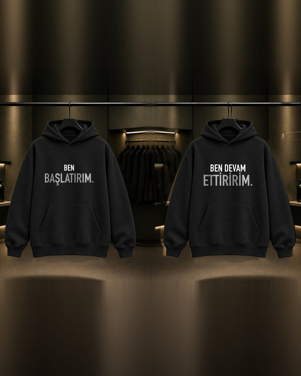 Ben Başlatırım & Ben Devam Ettiririm — BFF İkili Baskılı Unisex %100 Pamuk Kapüşonlu Sweatshirt — İkili, Siyah