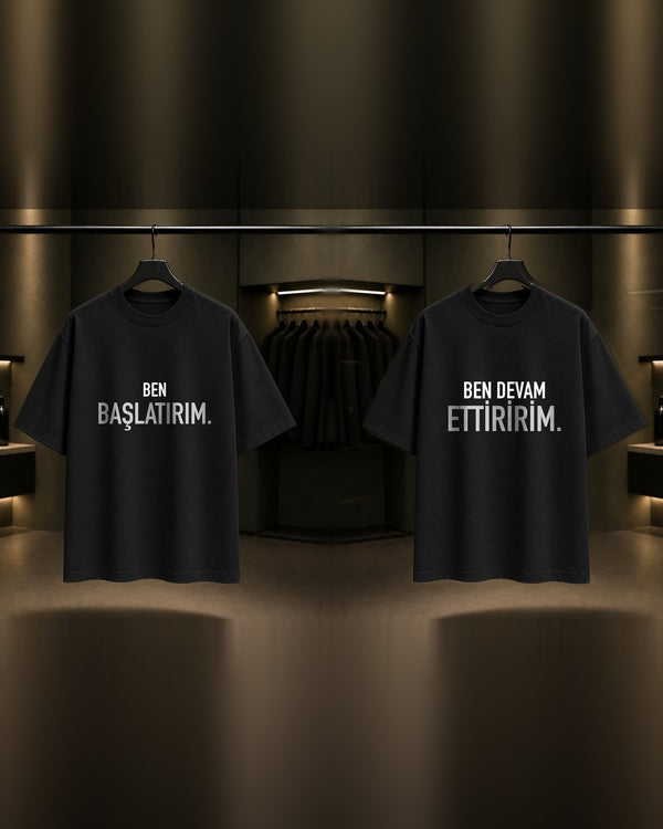 Ben Başlatırım & Ben Devam Ettiririm — BFF İkili Baskılı Unisex %100 Pamuk T-shirt — İkili, Siyah