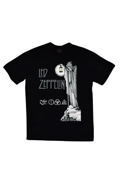 fame-stoned  Led Zeppelin Baskılı Unisex %100 Pamuk Siyah T-shirt
