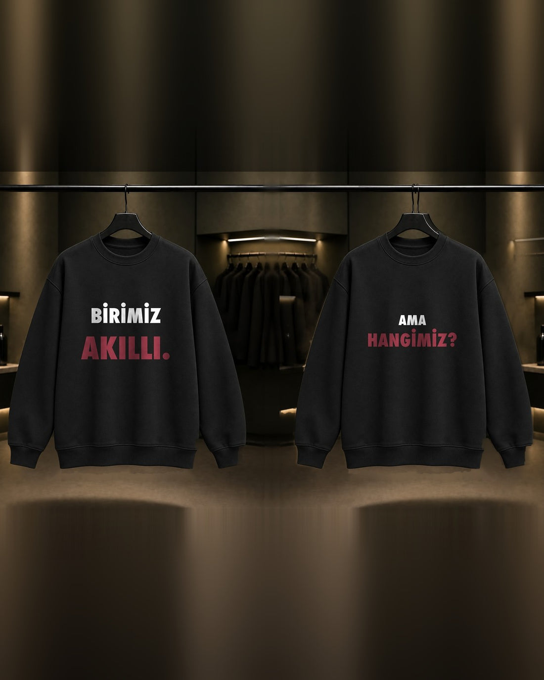 Birimiz Akıllı & Ama Hangimiz — BFF İkili Baskılı Unisex %100 Pamuk Sweatshirt — İkili, Siyah