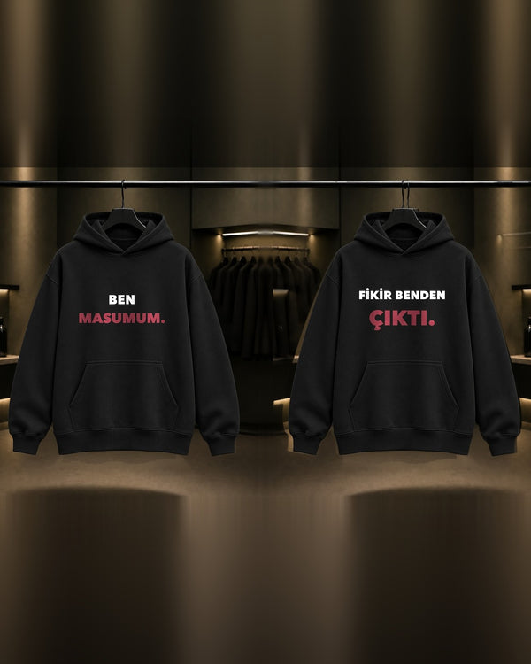 Ben Masumum & Fikir Benden Çıktı — BFF İkili Baskılı Unisex %100 Pamuk Kapüşonlu Sweatshirt — İkili, Siyah