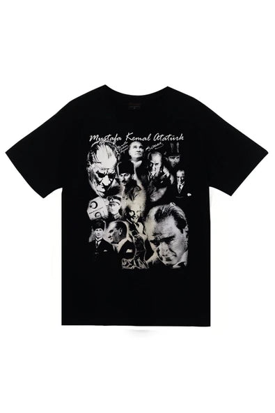 fame-stoned  Mustafa Kemal Atatürk Baskılı Unisex %100 Pamuk Siyah T-shirt
