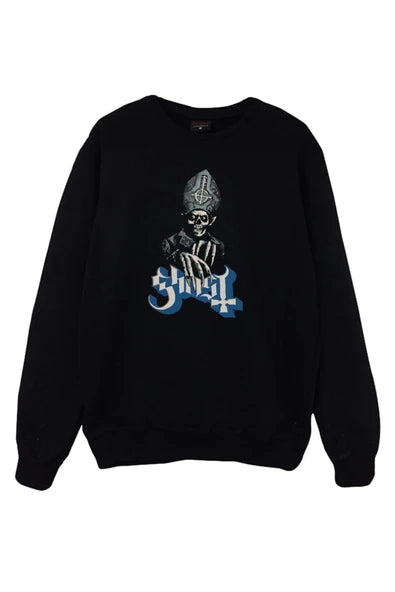 Ghost Papa Emeritus figürü baskılı siyah sweatshirt