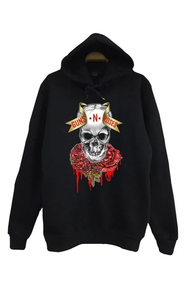 Guns N Roses Kurukafa ve guller amblemi baskılı siyah kapüşonlu sweatshirt
