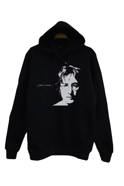 John Lennon Siyah-beyaz portresi ve imza baskılı siyah kapüşonlu sweatshirt