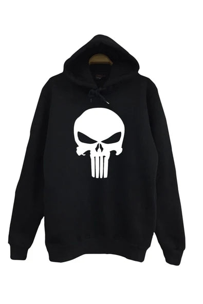 Kuru Kafa Punisher beyaz kurukafa logosu baskılı siyah kapüşonlu sweatshirt