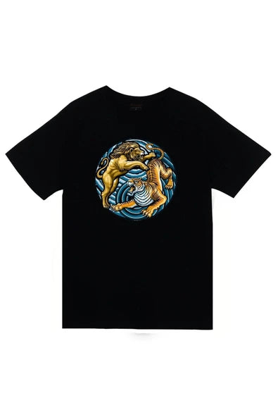 fame-stoned  Unisex Siyah Aslan Kaplan Baskılı T-shirt
