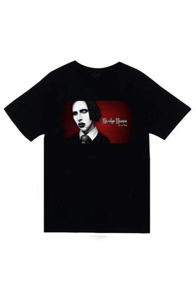 fame-stoned  Marilyn Manson Baskılı Unisex %100 Pamuk Siyah T-shirt