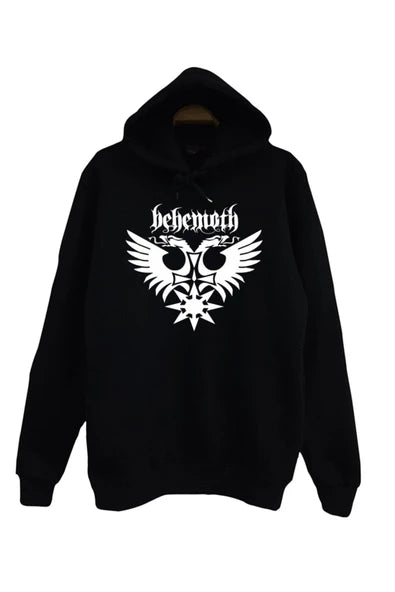 Behemoth Logosu ve kanatlı çift baskılı siyah kapüşonlu sweatshirt
