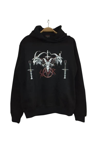 Slayer Keci kafasi/pentagram ve grup baskılı siyah kapüşonlu sweatshirt