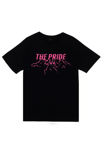K-Pop Demon Hunters & Saja Boys The Pride Pembe şimşek/kök baskılı siyah tişört