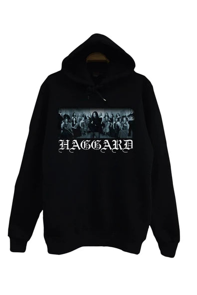 Haggard Topluluk fotoğrafı ve logo baskılı siyah kapüşonlu sweatshirt