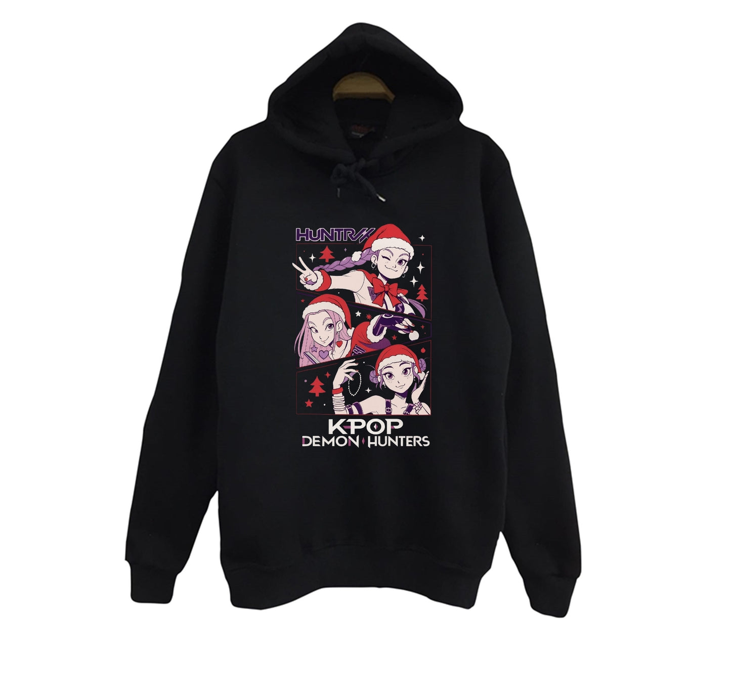 K-Pop Demon Hunters - Yılbaşı Baskılı Unisex %100 Pamuk Kapüşonlu Siyah Sweatshirt