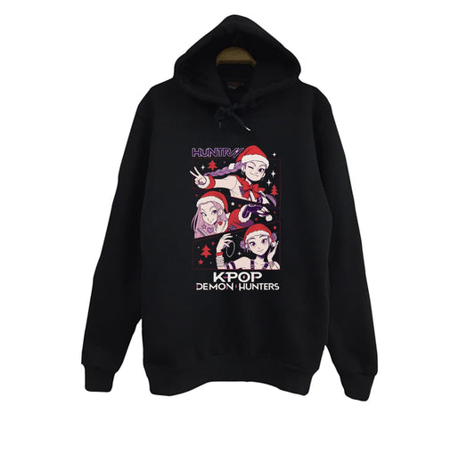 K-Pop Demon Hunters - Yılbaşı Baskılı Unisex %100 Pamuk Kapüşonlu Siyah Sweatshirt