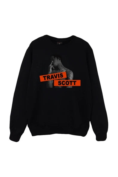 Astraworld Travis Scott Portre fotoğrafı ve turuncu baskılı siyah sweatshirt