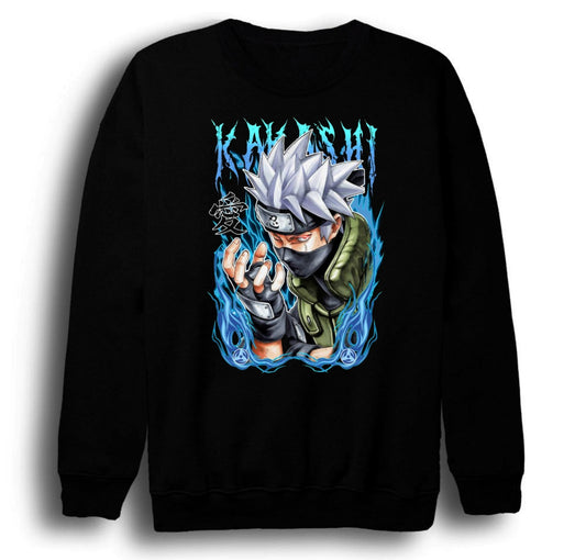 Naruto - Sasuke Uchiha - Anime Baskılı Unisex %100 Pamuk Bisiklet Yaka Siyah Sweatshirt
