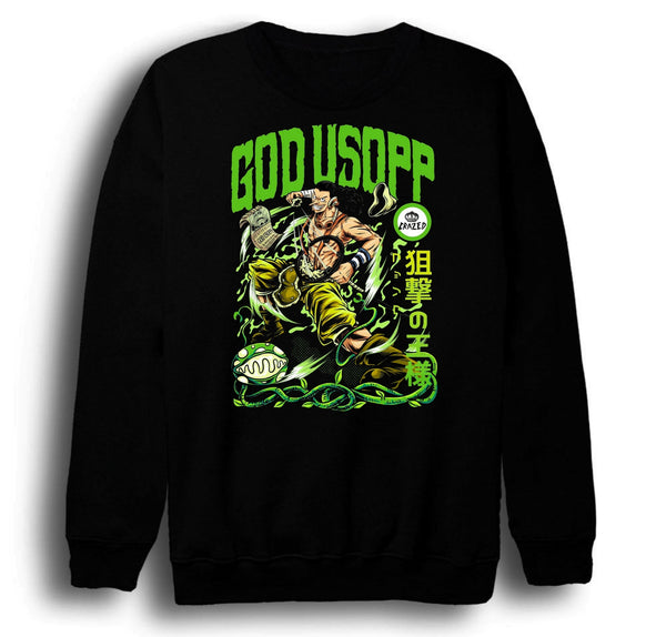 One Piece - Usopp God yeşil neon baskılı siyah sweatshirt