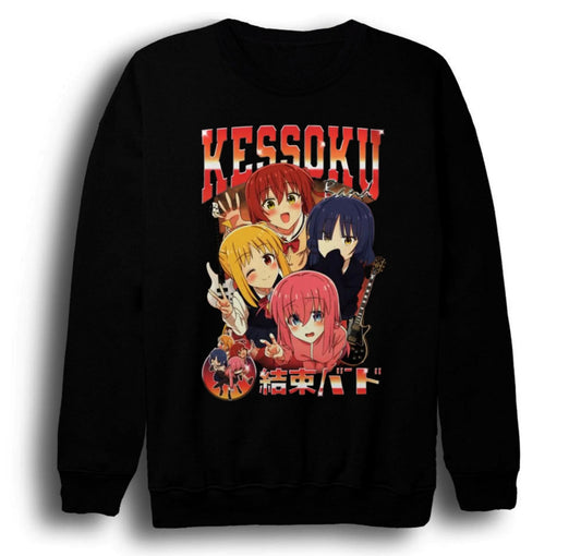 Bocchi The Rock - Kessoku Band - Anime Baskılı Unisex %100 Pamuk Bisiklet Yaka Siyah Sweatshirt